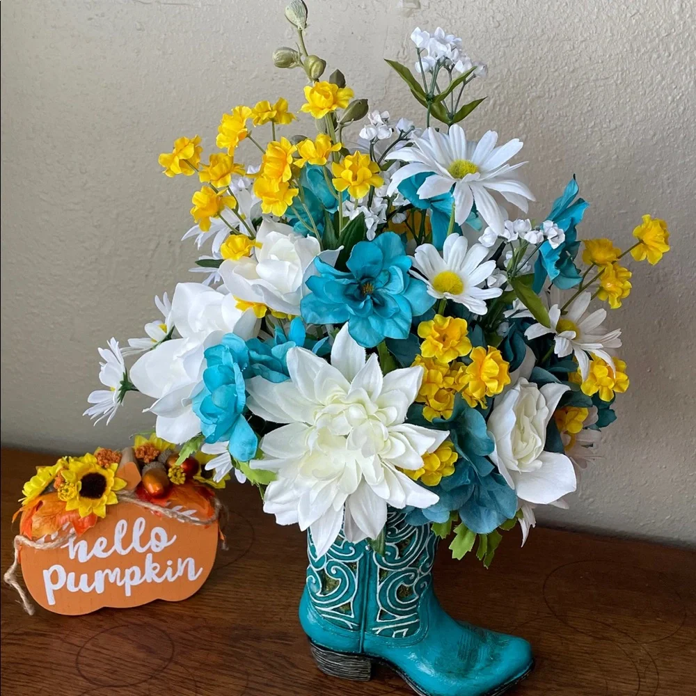 Sweet Silk Arrangement in a Turquoise Boot-Home or Office Decor